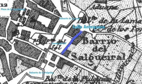 Plano de 1856 con la antigua calle Antequera al lado de la Puerta del Sol
